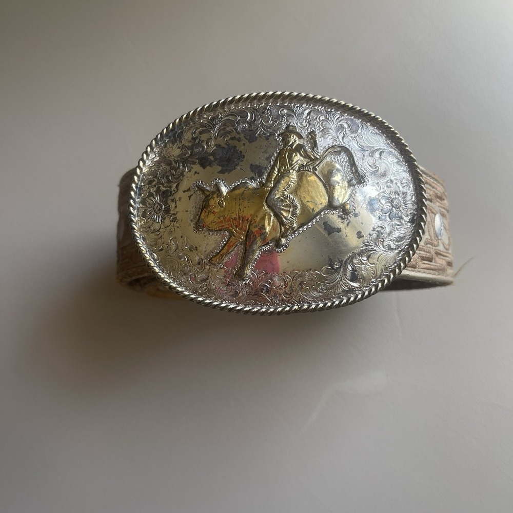 VTG Western Men's Silver & Gold Plated Belt Buckle Set Made In Mexico Bullrider